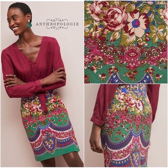 Anthropologie Maeve Sheffield Textured Skirt 4 Blue Pink Floral Straight Pencil - Picture 1 of 10